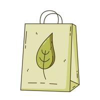 Cute paper bag with green leaves. Package recycling concept. Vector modern flat style cartoon.