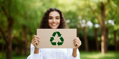 Happy woman holding paper with green recycling sign over natural background ,Generative AI photo