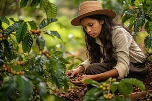 joven mujer cosecha café desde un café plantación en brasil,generativo ai foto