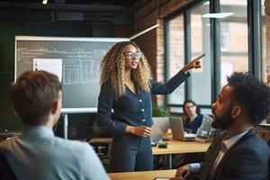 Businesswoman explaining colleagues during meeting in office ,Generative AI. photo