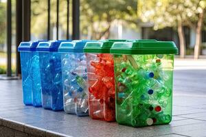 Separating waste plastic bottles into recycling colorful Garbage bins ,Generative AI photo