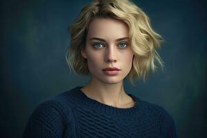 Blond-haired woman in 30s, blue sweater, in studio,Generative AI photo