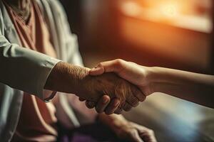 Support, caregiver with Close up senior woman and holding hands for care home ,Generative AI. photo