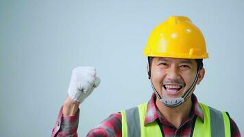 Asian fornman happy succeed hardhat white background. Architect, Engineer of Concept photo