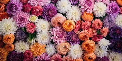 Beautiful flower wall background with Wedding decoration, hand made. Generative AI photo