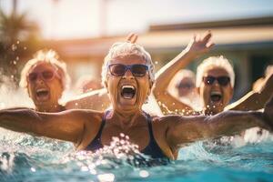 Group of senior women having a blast in a water aerobics session at an outdoor swimming pool ,Generative AI photo