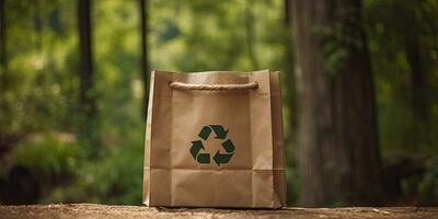 papel bolso con reciclaje símbolo en bosque antecedentes con Copiar espacio para texto ,generativo ai foto