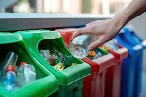 Close up hand separating waste plastic bottles into recycling bins is to protect the environment , copy space for text  ,Generative AI photo