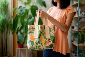A hands holding reusable fabric shopping bag, eco-friendly lifestyle  ,Generative AI photo