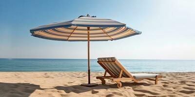 The beach chaise lounge and umbrella on sand .Generative AI photo