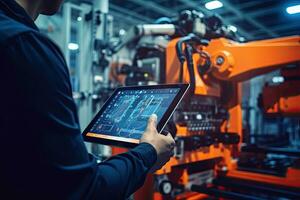 Engineer hand using tablet with machine real time monitoring system software ,  Generative AI . photo