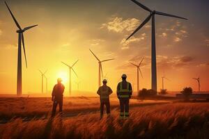 equipo técnico que se discute con ingenieros terminado viento turbinas ,atardecer generativo ai . foto