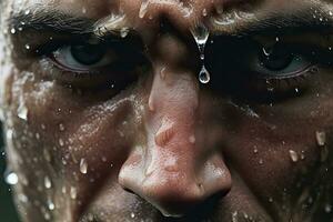 Close up professional athlete with  focus in his eyes and sweat pouring down.Generative AI. photo