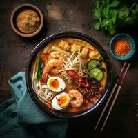 Penang assam laksa  Malaysia food ,top view,rustic style background, copy space,Generative AI. photo