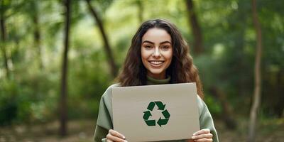 Happy woman holding paper with green recycling sign over natural background ,Generative AI photo