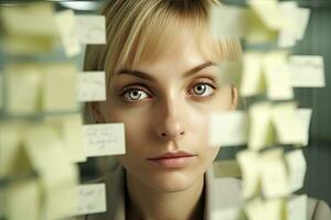 Businesswoman writing on adhesive note in office, Close Up face  ,Generative AI. photo