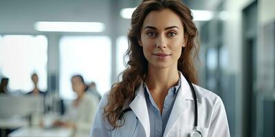 Portrait of female American doctor standing in hospital, copy space ,Generative AI. photo