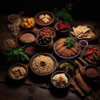 China food on a Chinese style background, copy space , generative AI photo