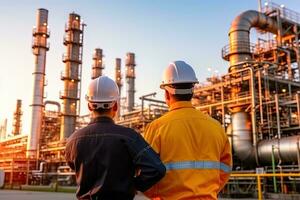 Team industry engineer are working and discussing at front oil and gas industrial factory,Oil refinery plant for industry , drone view ,Generative AI . photo