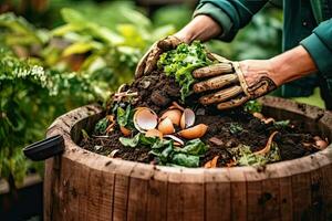 cierra arriba mano compostaje comida residuos en patio interior compost compartimiento jardín,generativo ai foto