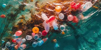 basura desde el plastico botellas en el mar , parte superior ver ,generativo ai foto