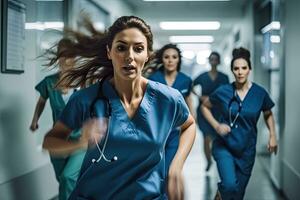 equipo medicina corriendo en hospital emergencia, paciente crisis o buscapersonas llamada en icu estrés, trauma fallar o diversidad hospital ,generativo ai. foto