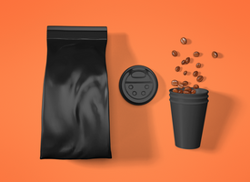 Metallic coffee pouch mockup with cup psd