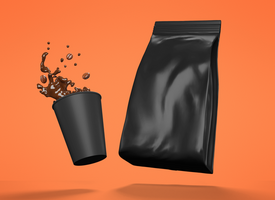 Metallic coffee pouch mockup with cup psd