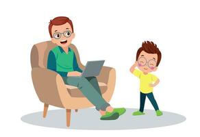 padre y niño trabajando con computadora en sofá vector