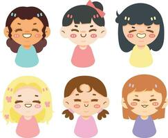 Set of cute girls icons. smile, happy, children, colorful, cartoon, vector