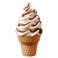 Vanilla Ice cream with chocolate topping on waffle cone. 3d Realistic soft milk dessert icon. Digital illustration for artwork design PNG on transparent background