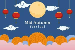 mid autumn festival background illustration with mooncake, cloud, and lanterns vector