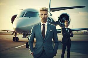 Businessmen and businesswoman standing on runway nearby private jet,Generative AI . photo