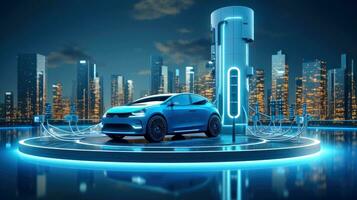 Electric car at futuristic charging station. Selected focusing. Eco alternative transport and battery charging technology concept, electric hybrid machine, Generative AI illustration photo