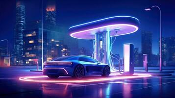 Electric car at futuristic charging station. Selected focusing. Eco alternative transport and battery charging technology concept, electric hybrid machine, Generative AI illustration photo