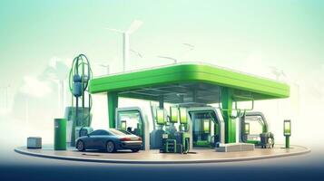 Electric car at futuristic charging station. Selected focusing. Eco alternative transport and battery charging technology concept, electric hybrid machine, Generative AI illustration photo