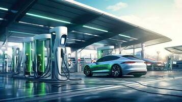 Electric car at futuristic charging station. Selected focusing. Eco alternative transport and battery charging technology concept, electric hybrid machine, Generative AI illustration photo