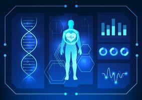 médico tecnología escaneos el humano cuerpo a lo largo con adn y gráficos representa médico tecnología ese escaneos el humano cuerpo a diagnosticar enfermedades y tratar pacientes vector