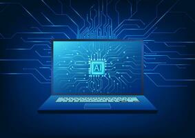 Artificial intelligence technology is present in the notebook. Behind the screen is a technology circuit board. The development of computer systems combined with AI to learn and respond to human use. vector