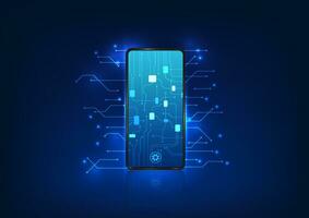 Smartphone technology The mobile inside is a technology circuit board. Smartphone devices that are used to communicate have a circuit inside that sends information to the system vector