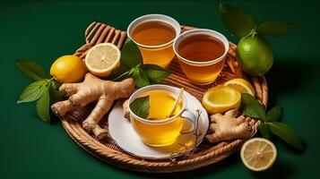 Green Tea with Lemon, Ginger, and Honey for Wellness. Generative AI photo