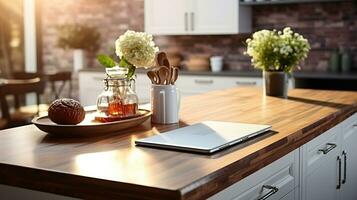 Laptop on kitchen counter with kitchen on background. Generative AI photo