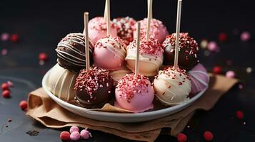 A Mesmerizing Medley of Flavors. A beautiful composition of dessert on a stick with different cream. Tasty cake pops. Generative AI photo