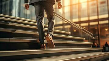 Close up, young businessman feet sprinting up stairs office middle. Generative AI photo