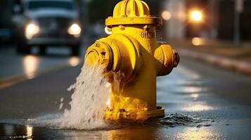 Hydrant Yellow Splashdown. Close-up of Street Flooding. Generative AI photo