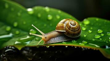 Beautiful snail on leaf surrounded by water drop. Generative AI photo