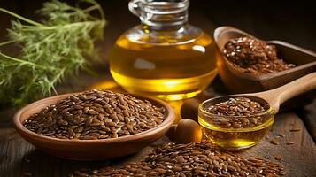 Flax Seeds in spoon and bowl with glass of linseed oil on wooden backdrop. Flaxseed dietary fiber. Generative AI photo