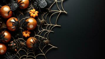 Autumn holiday concept composition. Happy halloween with decoration and spider web on black background. Generative AI photo