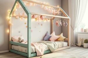 Kids' House Floor Bed Frame Adorned with Fairy Lights and Soft Pastels. Generative AI photo