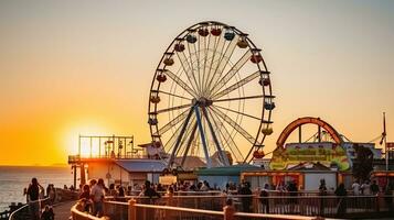 ferris rueda a muelle Pacífico parque a puesta de sol. generativo ai foto